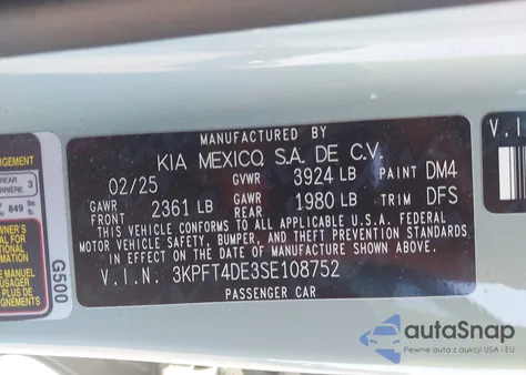 2025 Kia K4 Lxs из США, поврежденный, VIN 3KPFT4DE3SE108752